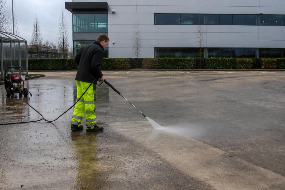 Worker jet washing a commercial office car park and forecourt clean of algae and oil stains