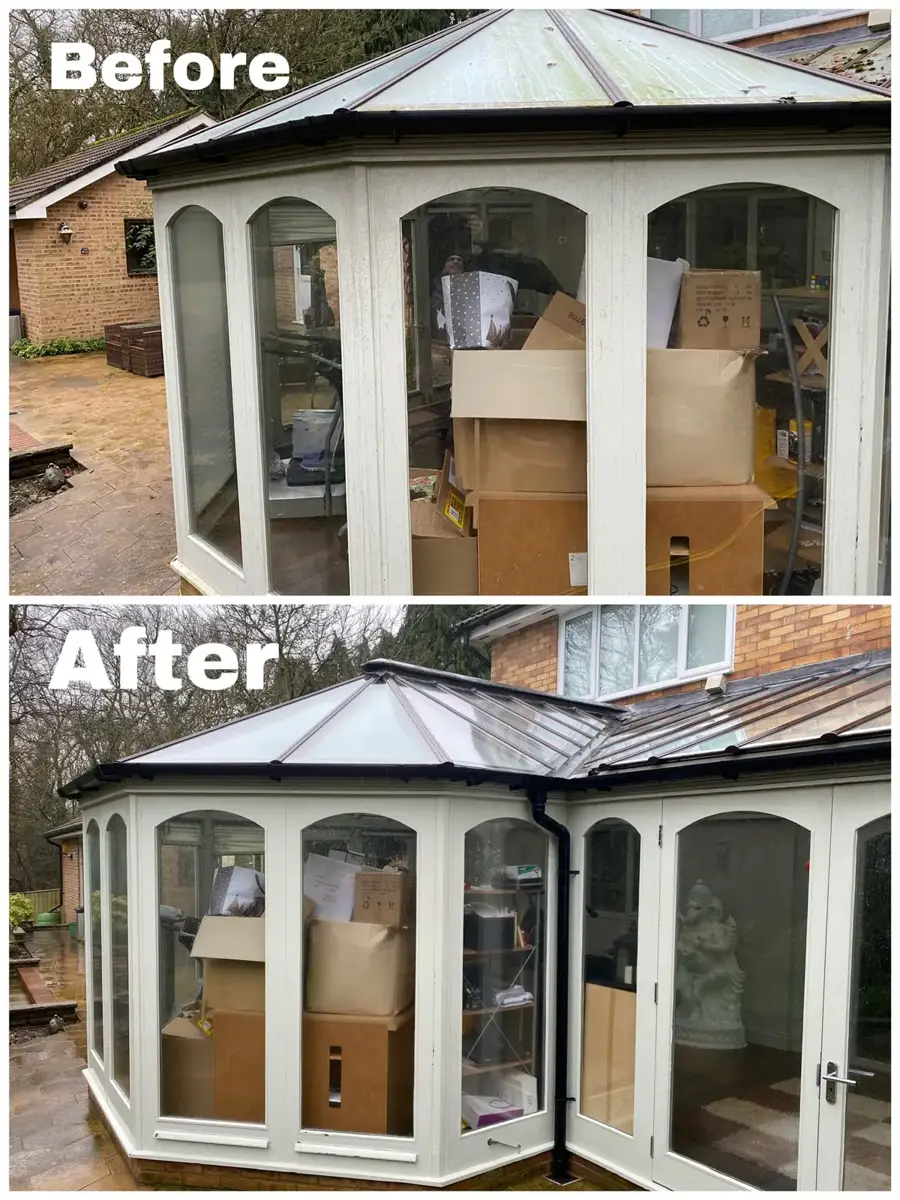 Before and after of a conservatory roof cleaned of green algae and dirt