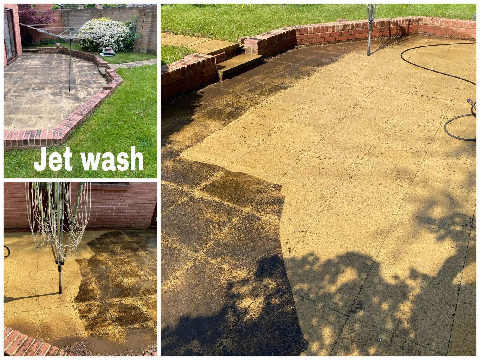 Before-and-after collage of patio jet washing, showing clean and dirty paving slabs