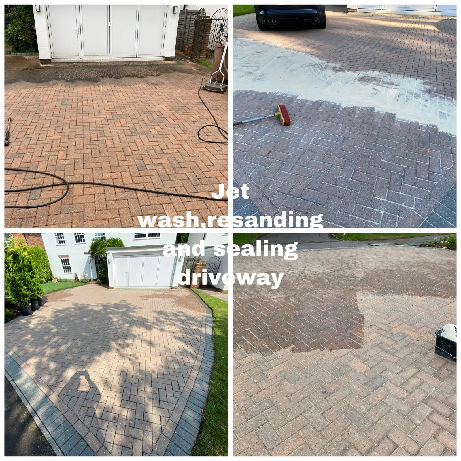 Block-paved driveway jet washing, re-sanding and sealing shown in a four-photo collage