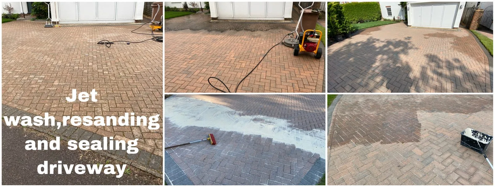 Collage showing a block-paved driveway before cleaning, during re-sanding and after sealing