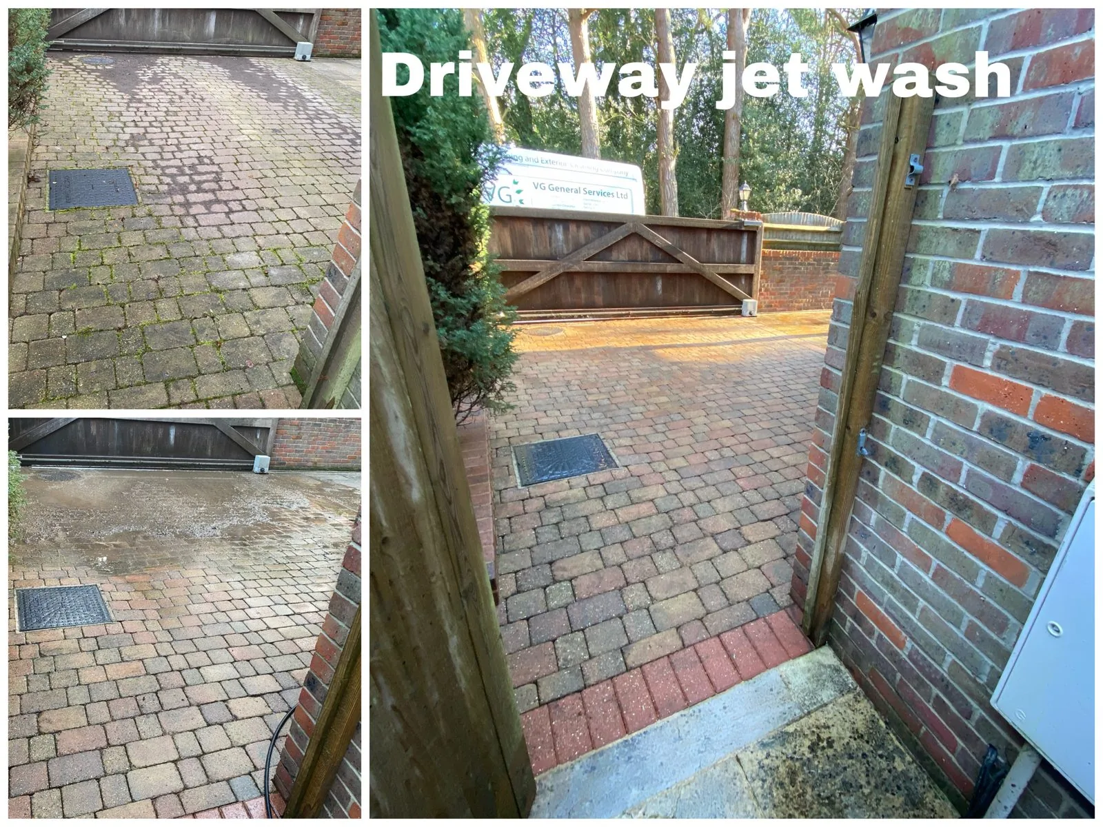 Before-and-after driveway jet washing collage beside a timber gate and brick entrance