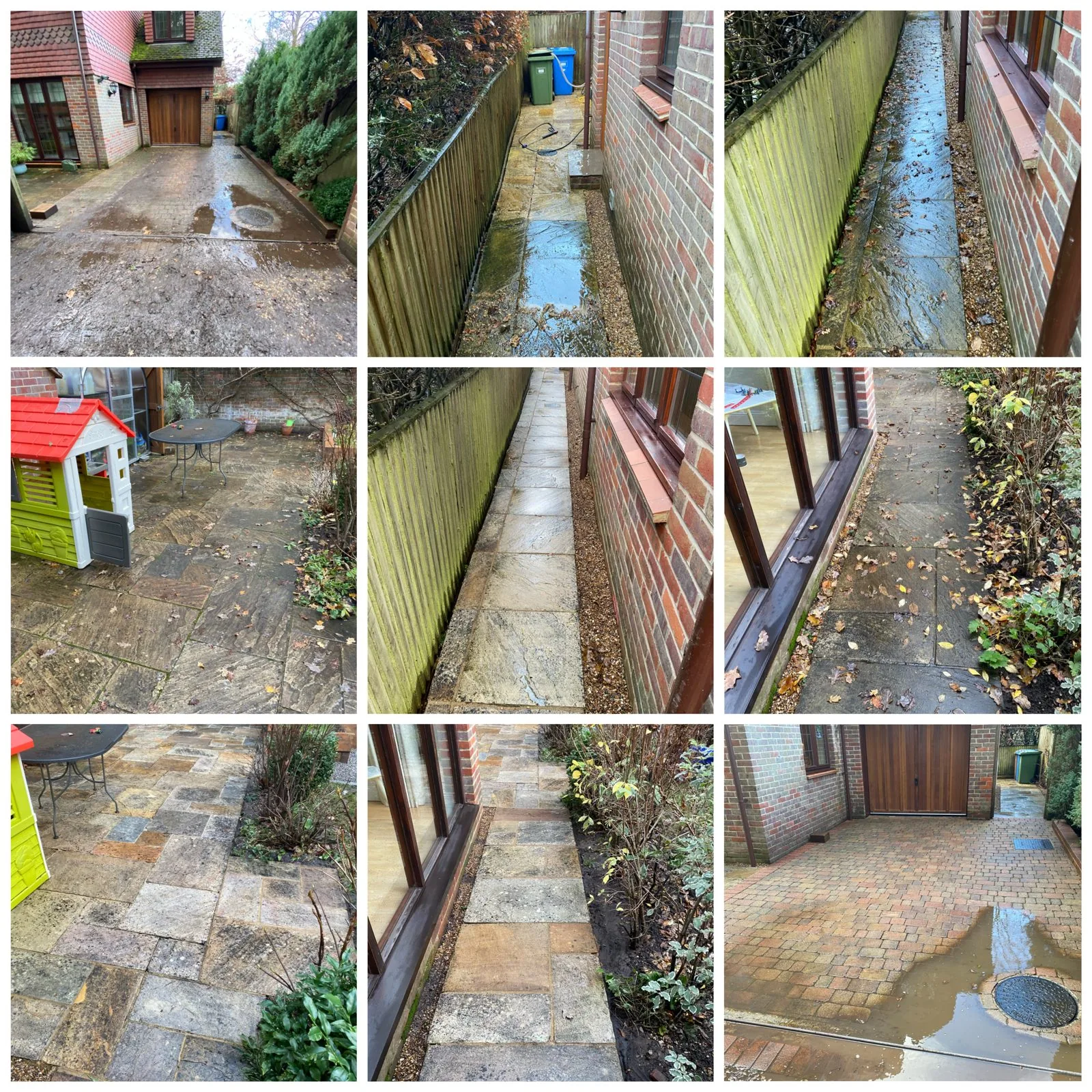 Before-and-after collage of jet-washed patios and narrow side passages beside a house
