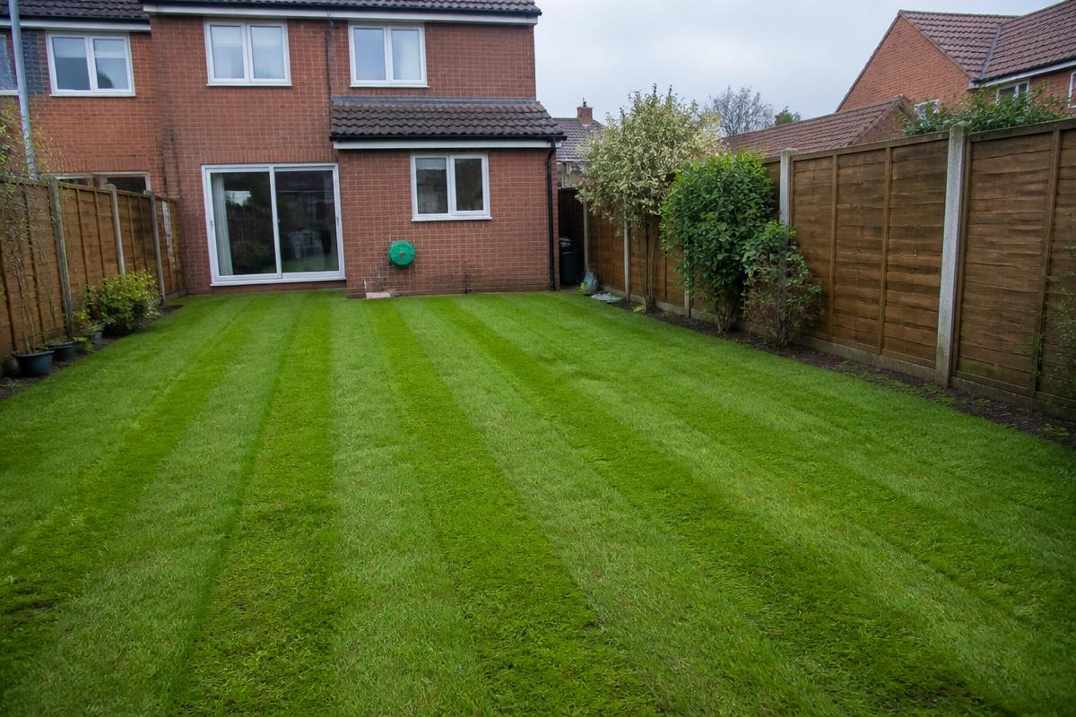 Freshly treated healthy green lawn in a Berkshire back garden