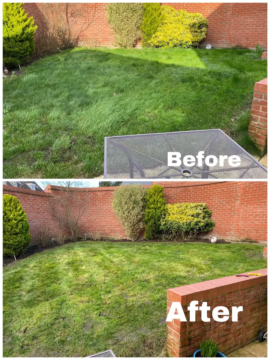 Before and after of an untidy lawn mown and tidied