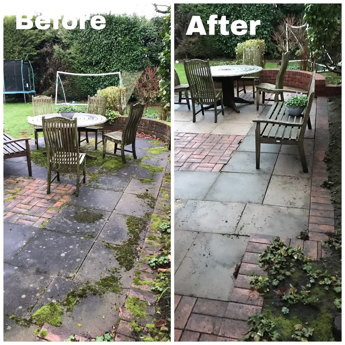 Before and after jet washing of a paved patio