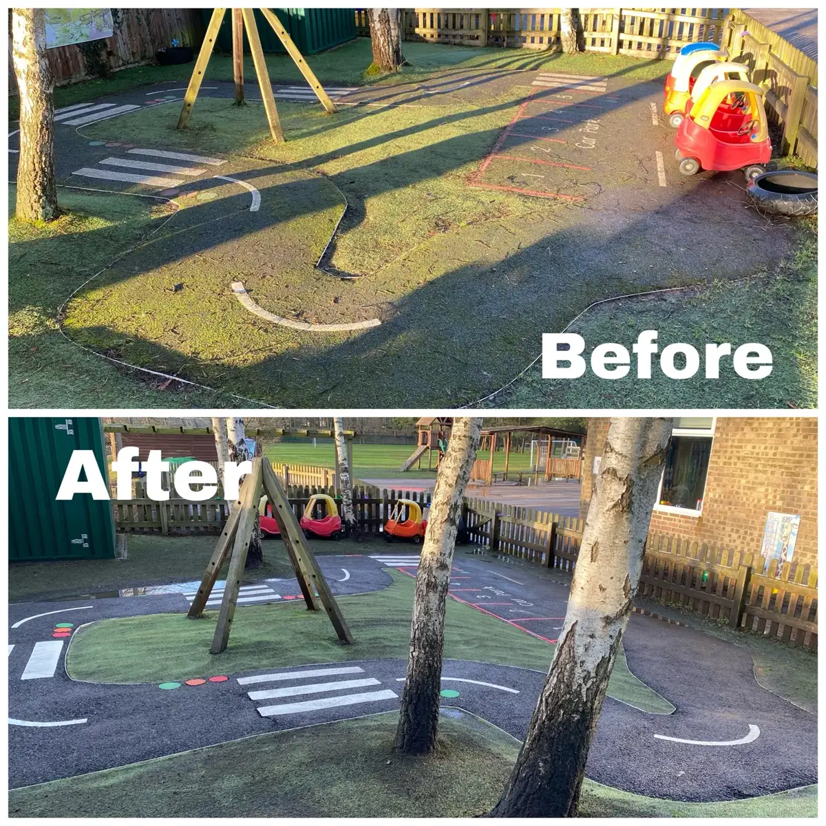 Before and after cleaning of artificial grass in a play area