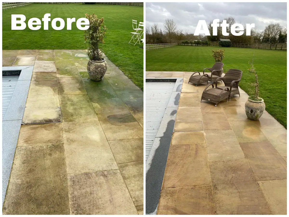 Before and after jet washing of a patio beside a swimming pool