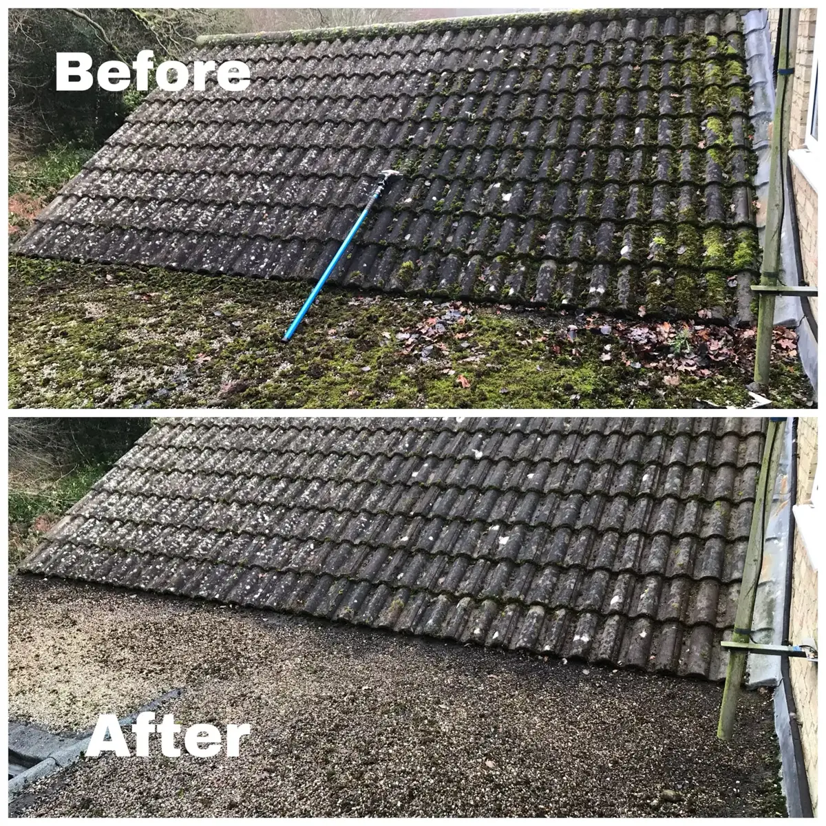 Before and after roof moss removal on concrete roof tiles