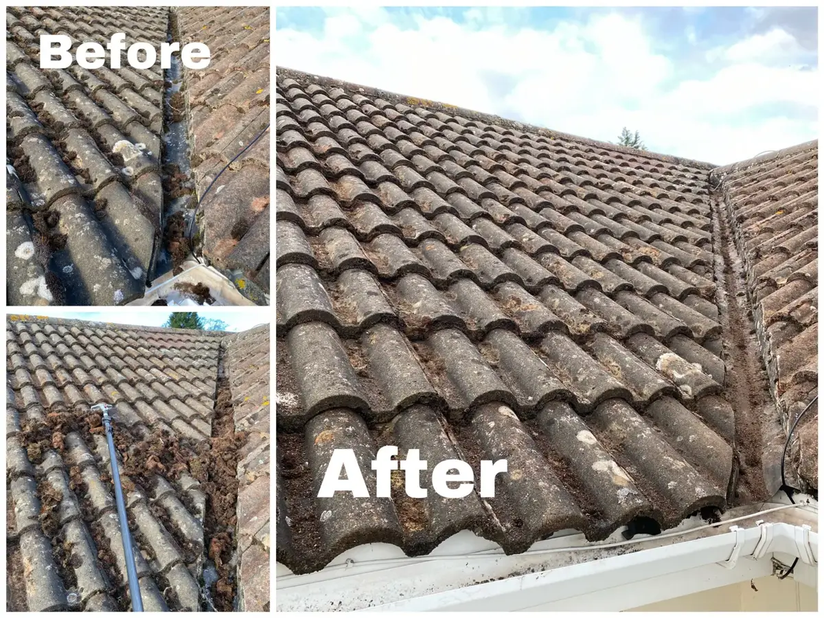 Before and after of a roof valley and gutter cleared of debris