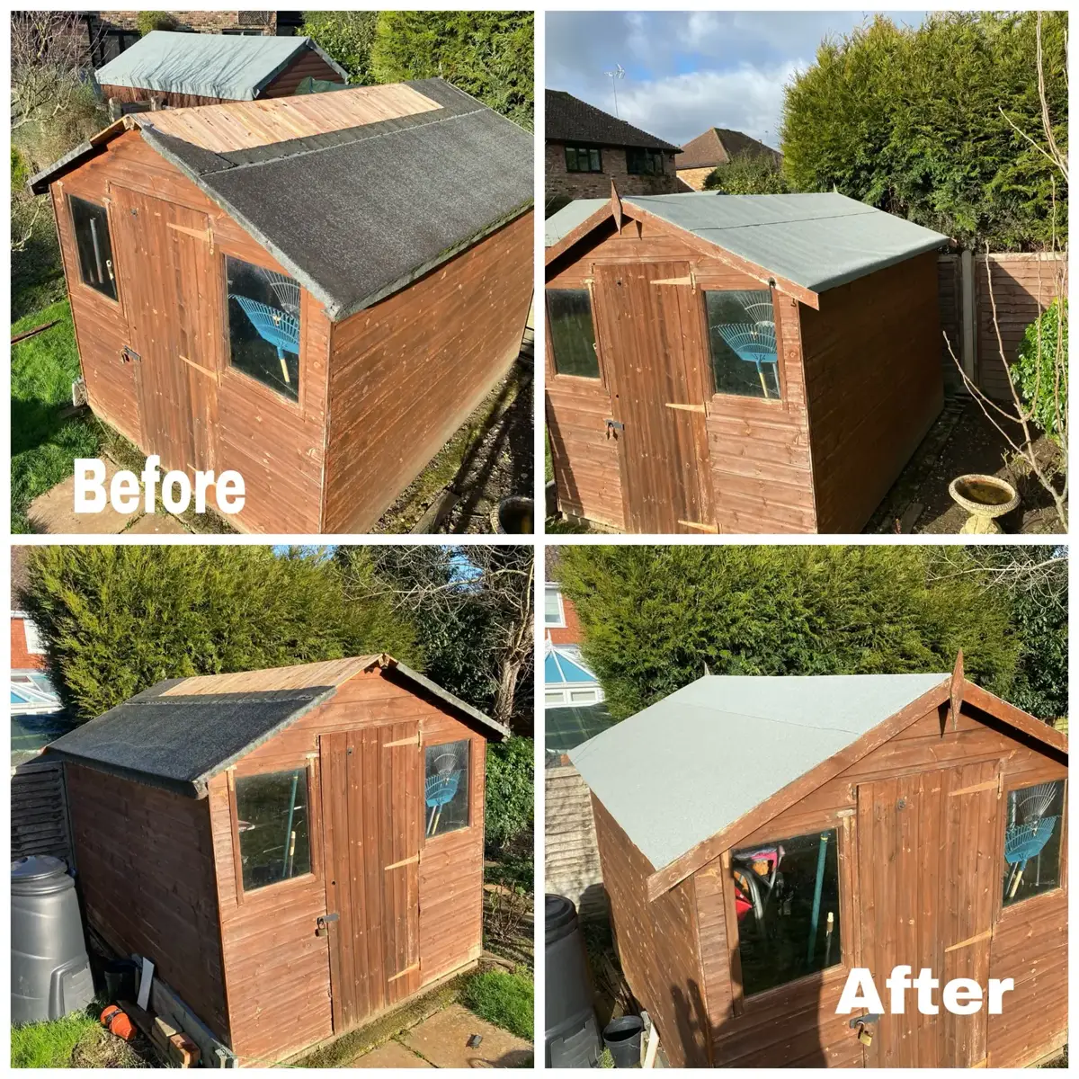 Before and after of a worn shed roof stripped and re-felted