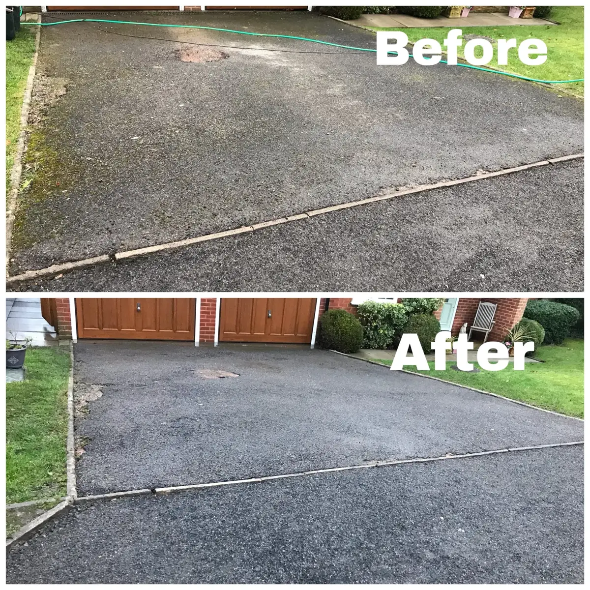 Before and after jet washing of a tarmac driveway